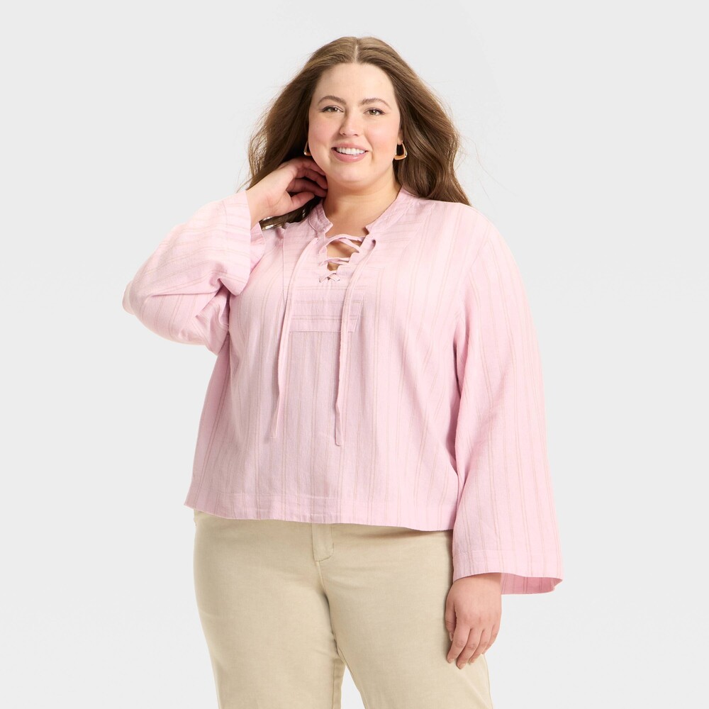 Long Bell Sleeve Tie-Front Popover Blouse - Pink Striped
